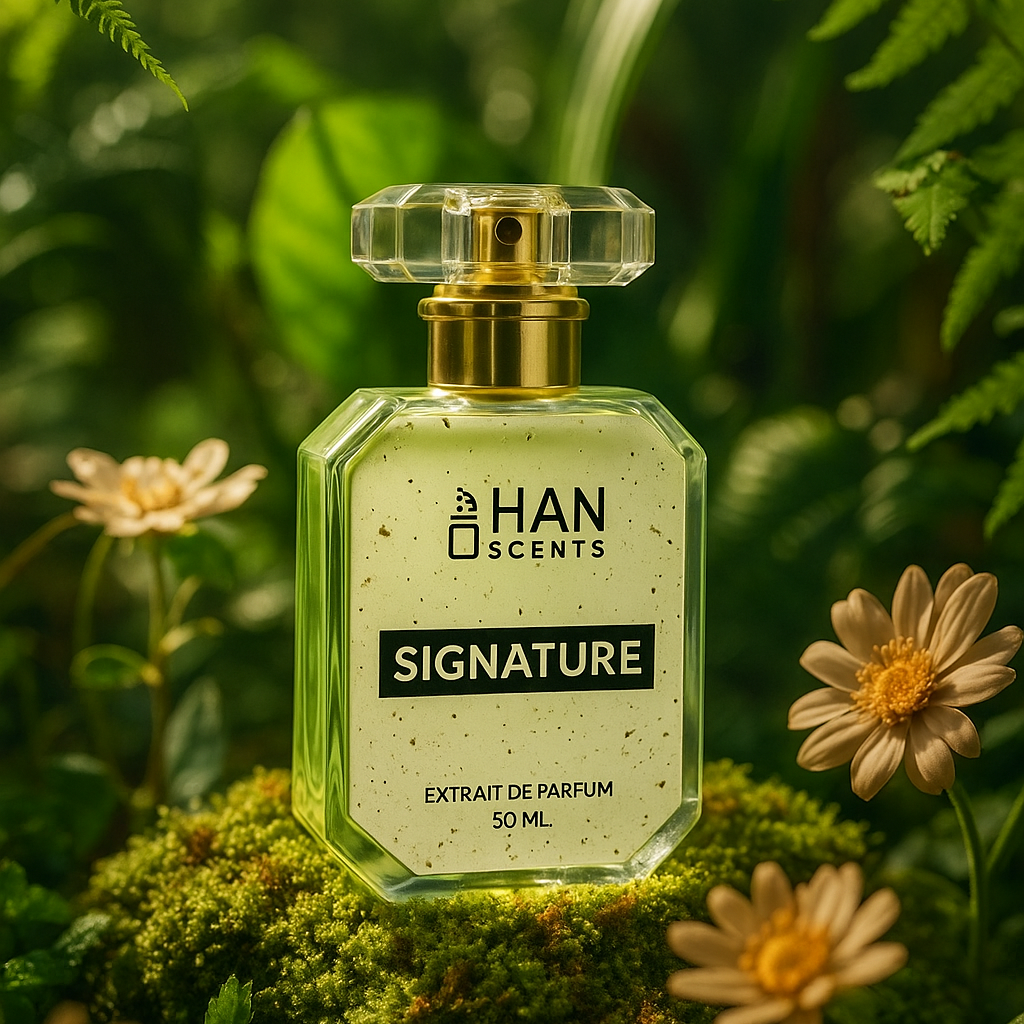 Perfume bottle labeled 'HAN Scents Signature' on a green background with flowers and leaves.
